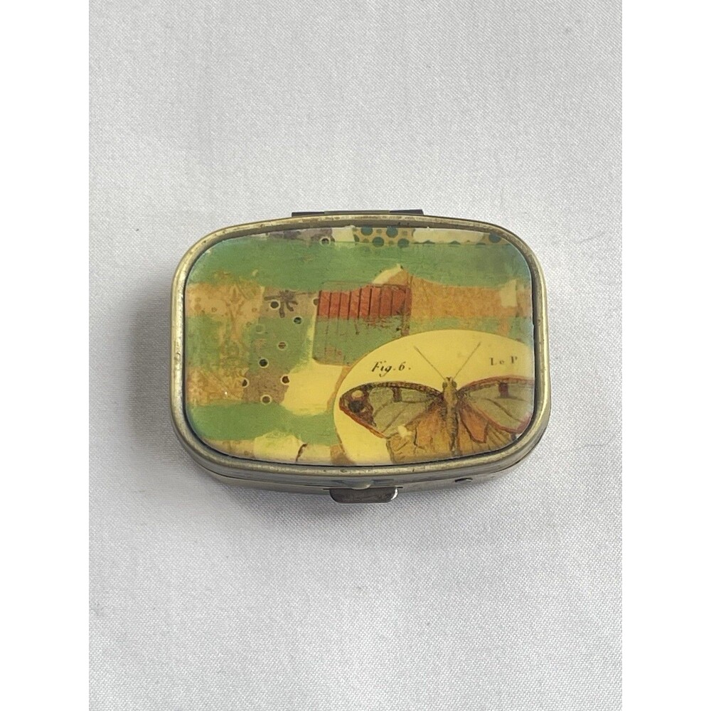Vintage Tin Pill Box Travel Trinket Case Butterfly Floral Vanity 1950s 1960s